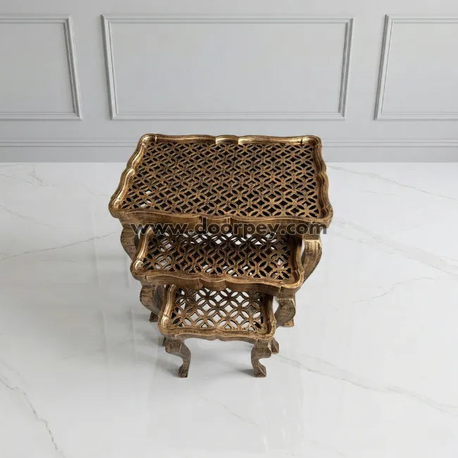 Antique lattice wooden nest table set with decorative lattice pattern