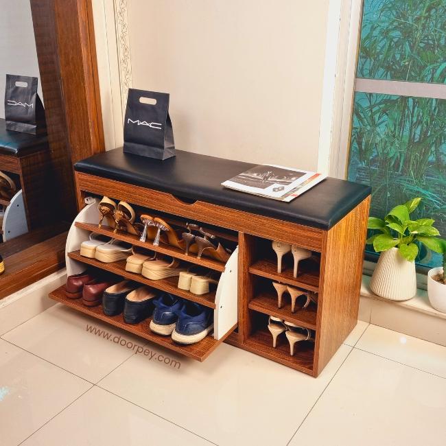 Multifunctional bench shoe rack with flip drawer design for compact storage.