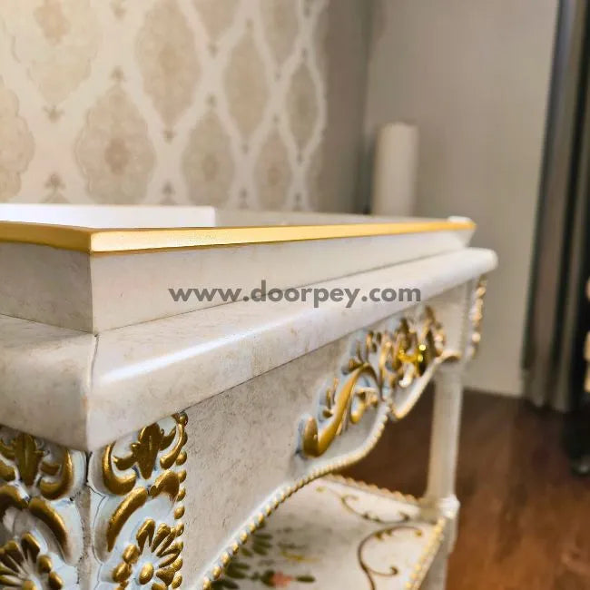 Close up of petal harmony wooden serving trolley