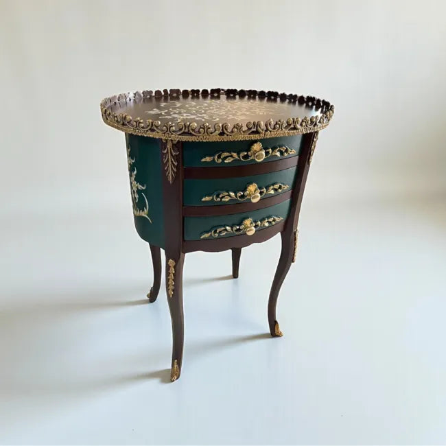Emerald Crest side table featuring jewel-toned panels and classic craftsmanship