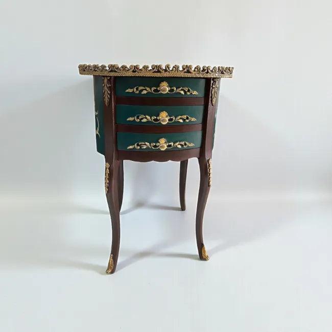 Emerald Crest corner table with slender legs and regal design
