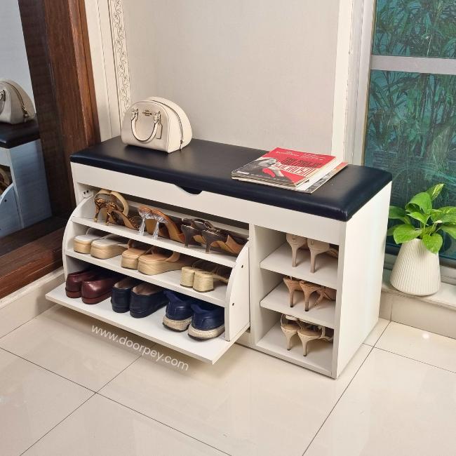 Stylish Blanche Flip Drawer Shoe Rack made from laminated chipboard with PVC edging.