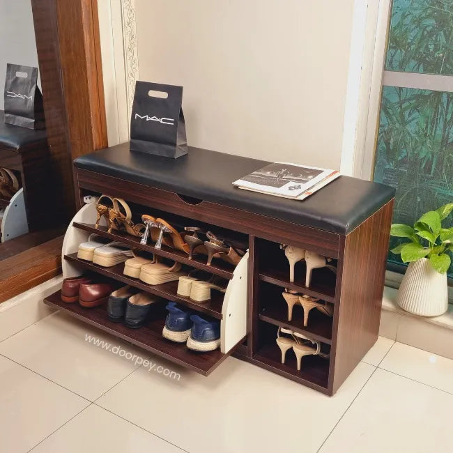 Multifunctional bench shoe rack with flip drawer design for compact storage.