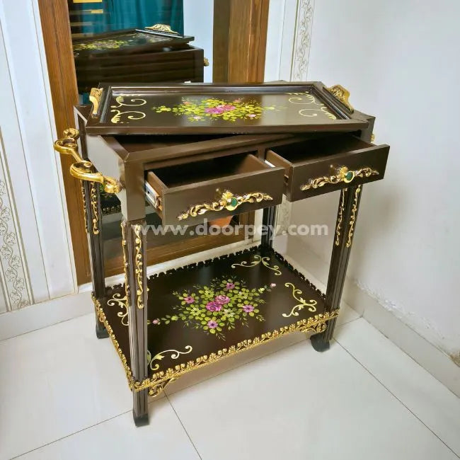 Floral Dual Delight wooden serving cart with removable tray top and two spacious drawers.