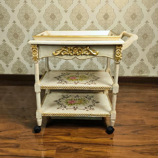 Wooden cart for dining, serving, and decor with a removable tray and spacious drawer