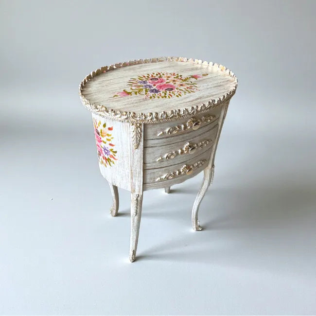 Floral Heirloom side table showing hand-painted floral artwork and ornate detailing