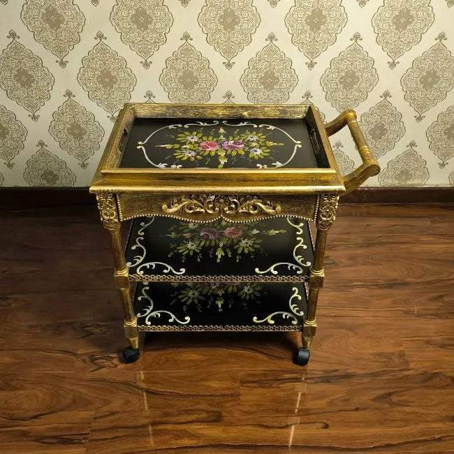 Close-up of Petal Symphony 3-tier trolley with removable tray top and ample storage drawer.