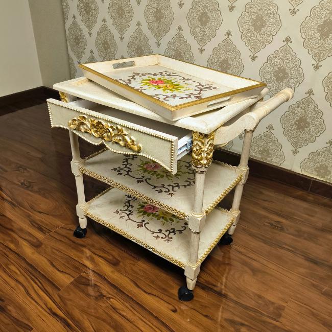 Garden Elegance Cart a wooden trolley featuring a removable tray top and spacious drawer for storage