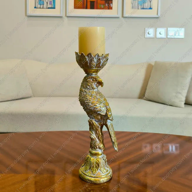 Golden Plume Parrot Candle Stand with antique gold finish decorative resin parrot for luxury home decor
