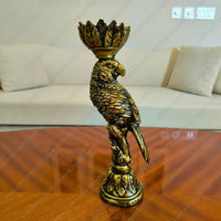 Elegant Golden Plume Parrot Candle Stand in Dark Antique finish, a sophisticated resin taper candle holder for luxury home decor styling.