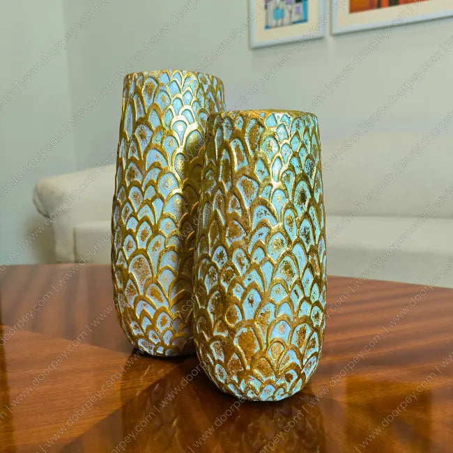 Detailed Golden Scale decorative resin vase set with a unique scaled texture for modern home decor styling.