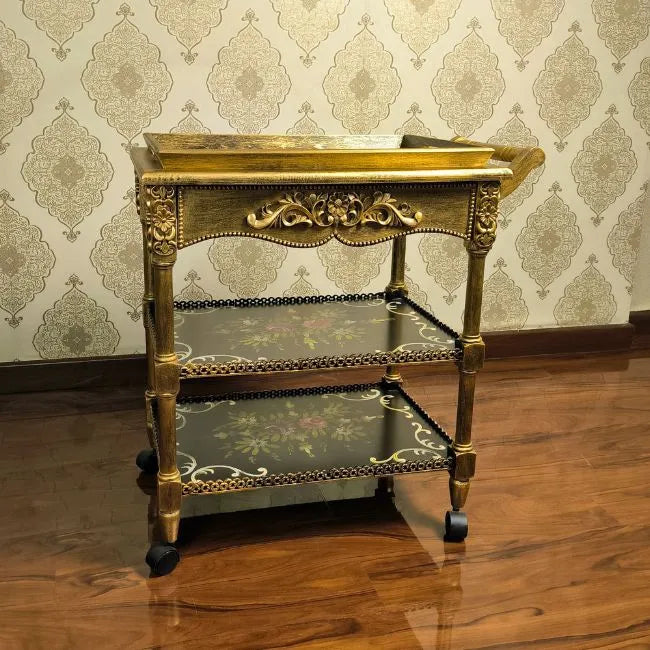 Front view of Petal Symphony wooden serving trolley with spacious drawer and durable construction.