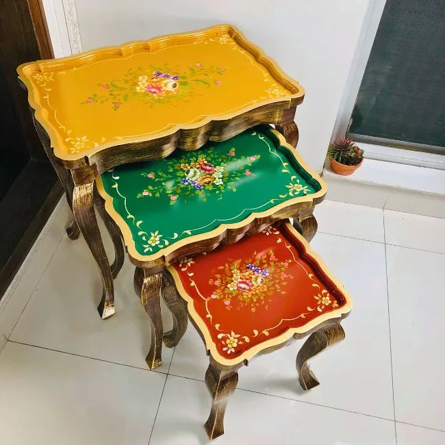 Harmony Hues wooden nesting tables placed in a modern interior, adding color, elegance, and functionality to the space