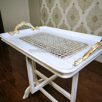 White wooden folding serving tray table featuring elegant gold accents and removable tray top