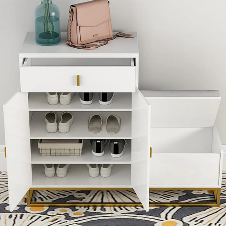 Modern Pure Form Shoe Rack with 2 hinged doors, a drawer, and 4 shelves.