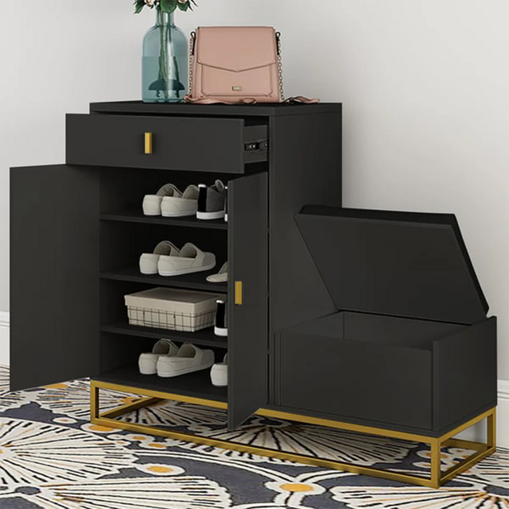 Multi-functional Pure Form Shoe Rack with a drawer and cabinet storage.