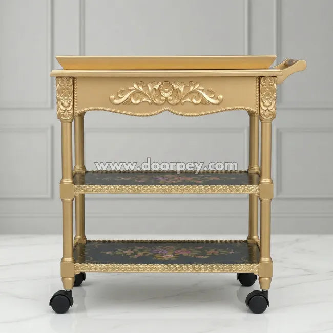 Noir Royale Wooden Trolley - Removable Tray Top & Drawer