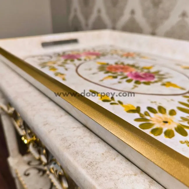 close up of petal harmony wooden trolley side border