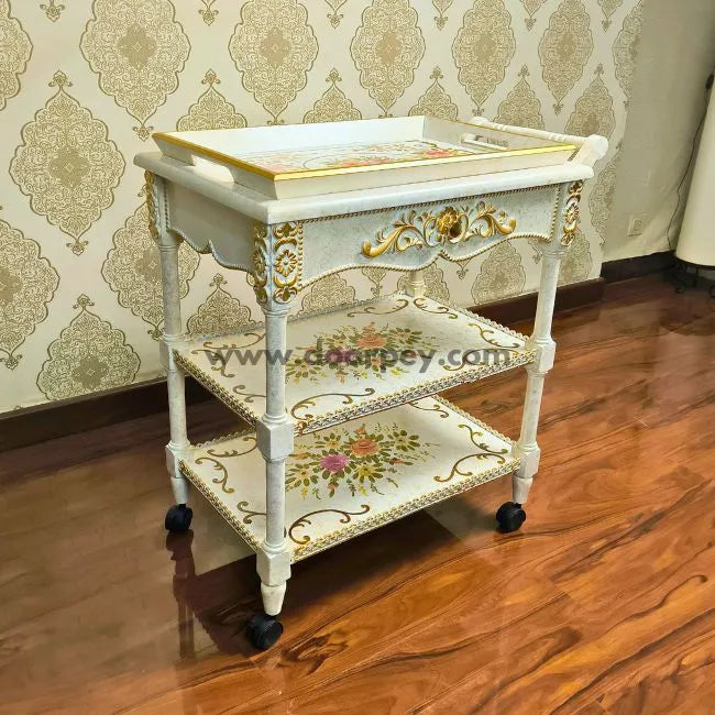 Side view of Petal Harmony Trolley showing spacious drawer and tray top