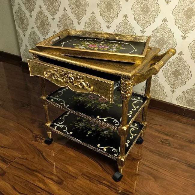 Petal Symphony serving cart with removable tray top and hand-painted floral design