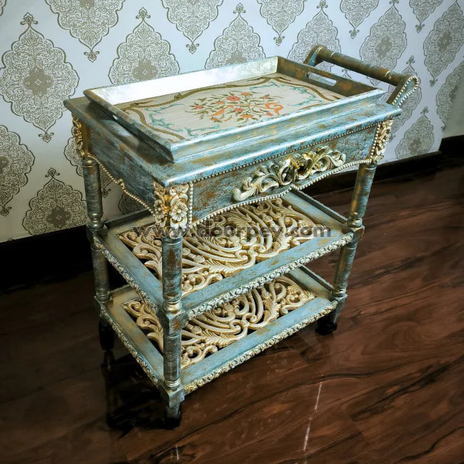 Antique Azure Wooden Trolley – Removable Tray Top & Drawer