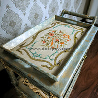 Antique Azure Wooden Trolley – Removable Tray Top & Drawer