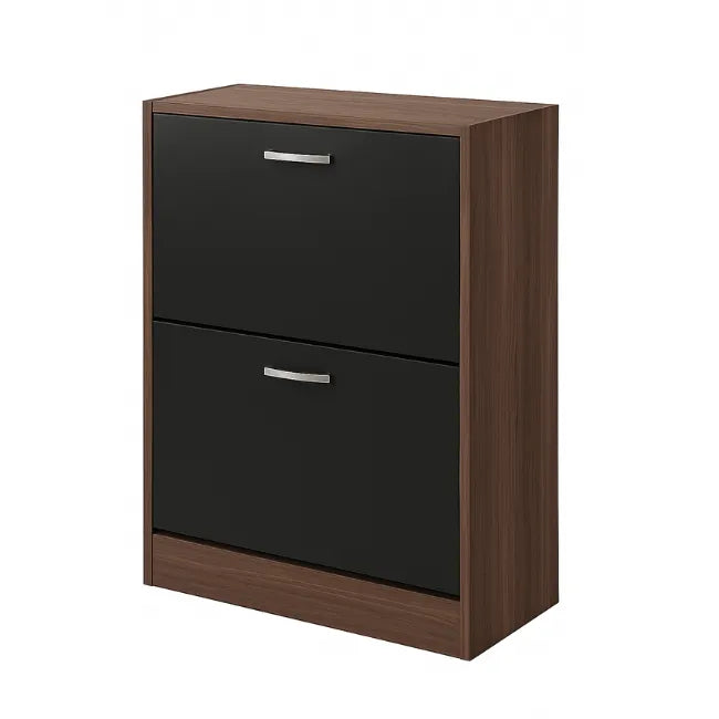 Two-drawer shoe rack with black drawers and wooden frame on a white background