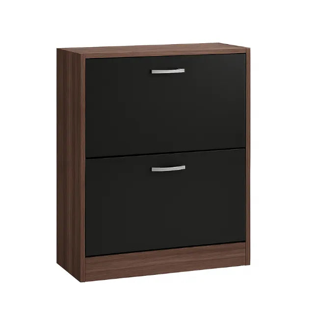 Two-drawer shoe cabinet with dark brown and black finish on a white background