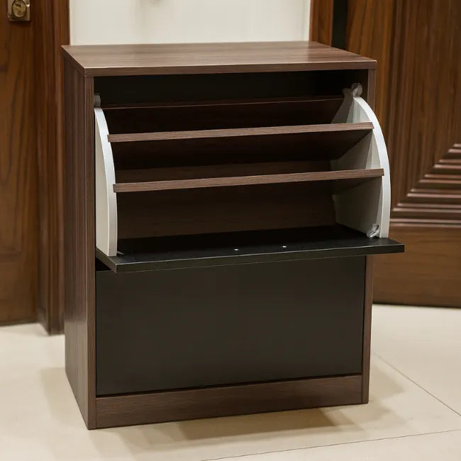 Wooden shoe rack organizer with open compartment on a tiled floor.