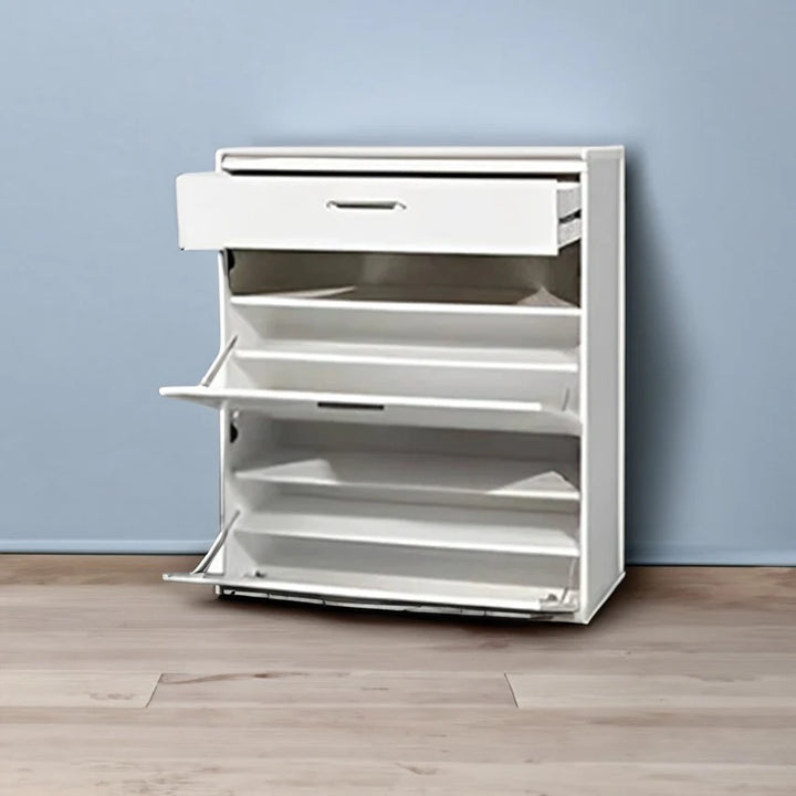 Sole Haven shoe rack with a wide drawer and sections for organized storage.