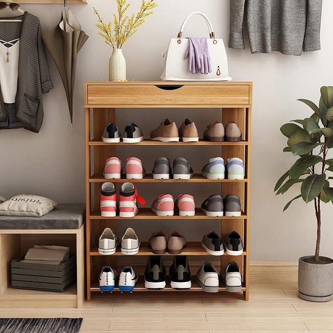 Step Stacker Shoe Rack with 5 shelves and a top drawer for essentials