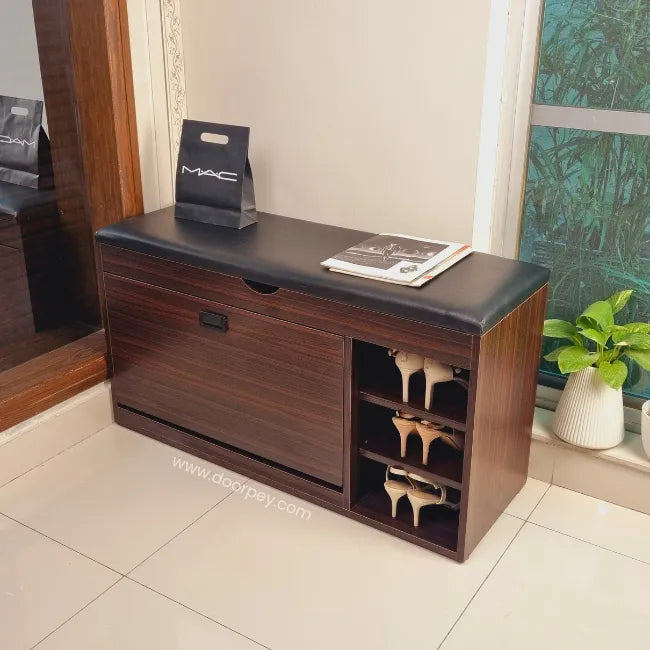 Multifunctional bench shoe rack with flip drawer design for compact storage.