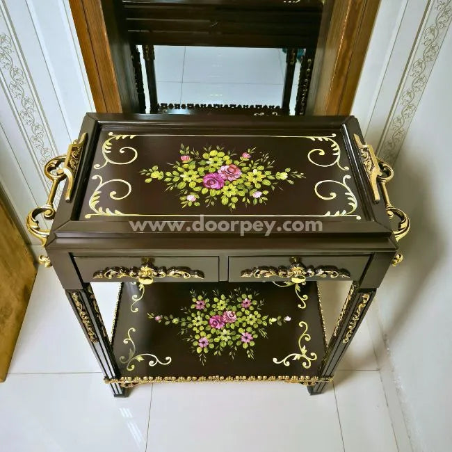 Front view of Floral Dual Delight wooden cart featuring hand-painted floral designs and durable construction.