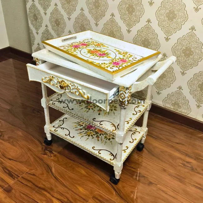 Petal Harmony Trolley with three tiers and hand-painted floral patterns.