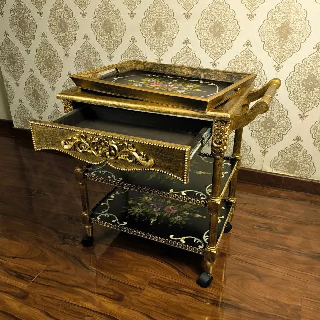 Petal Symphony wooden trolley with 3 tiers, tray top, and drawer for storage.
