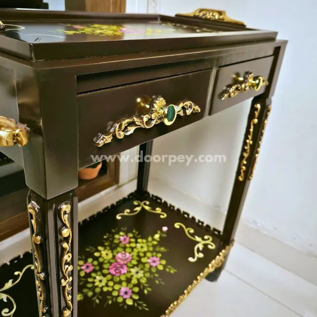 Side view of Floral Dual Delight serving cart with two spacious drawers and a removable tray.