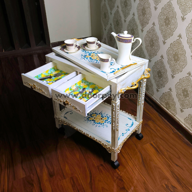Azure Petals Trolley – Removable Tray Top & Drawers