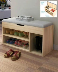 Compact shoe storage bench with comfortable seat and hidden storage.