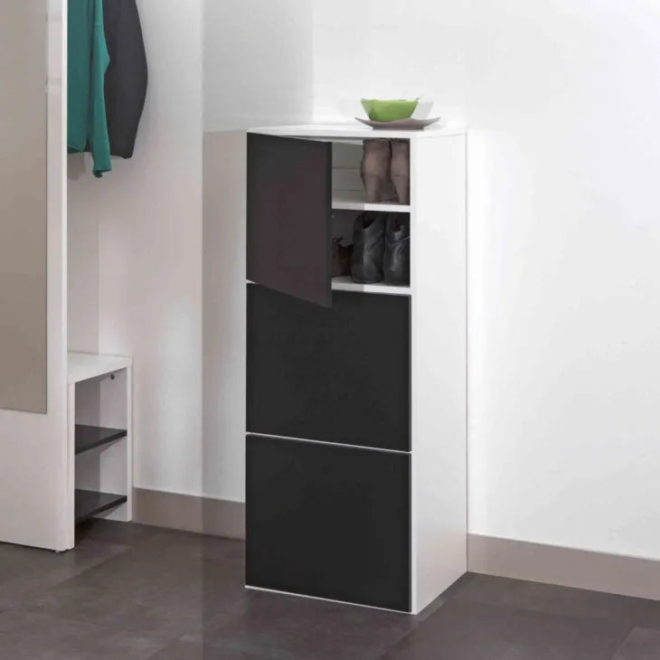Standing ShoeStash Pro shoe cabinet with three compartments for organized storage.