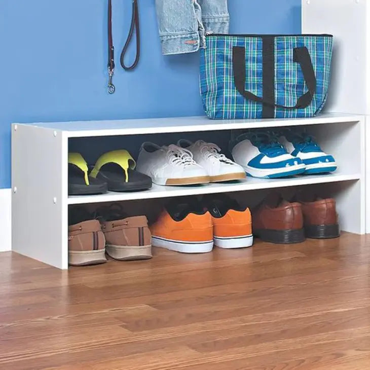 StackEase space-saving shoe rack organizer made from laminated chipboard.