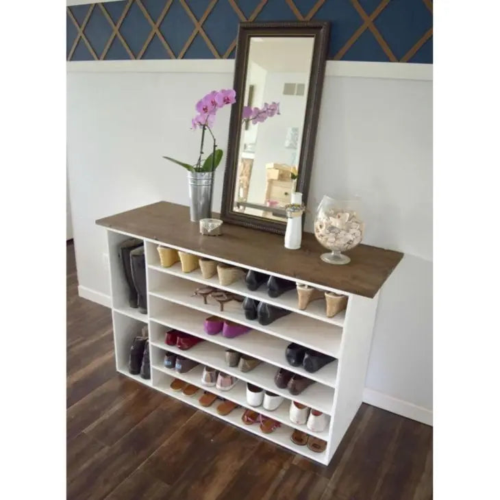Stylish off-white shoe rack with six wide shelves and two narrow shelves for boots