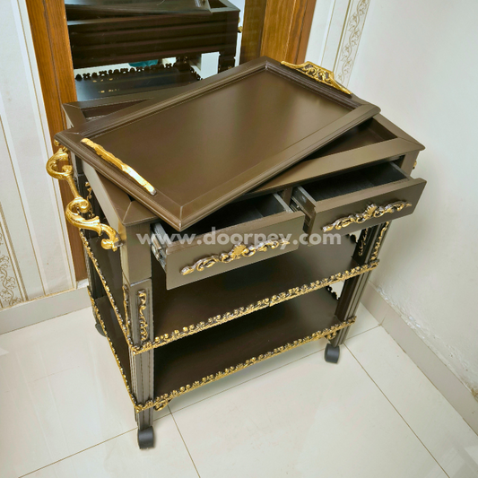Regal Gold Accent Trolley - Removable Tray Top & Two Drawers