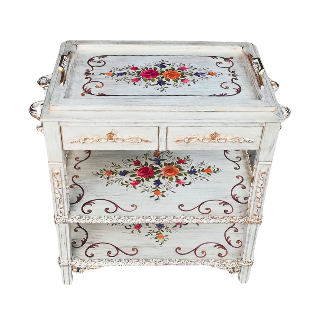 Floral Tranquility Trolley - Removable Tray Top &  Two Drawers