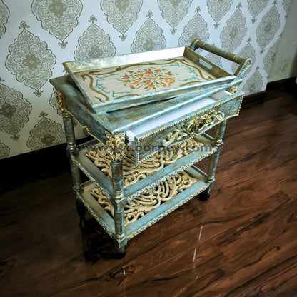 Antique Azure Wooden Trolley – Removable Tray Top & Drawer