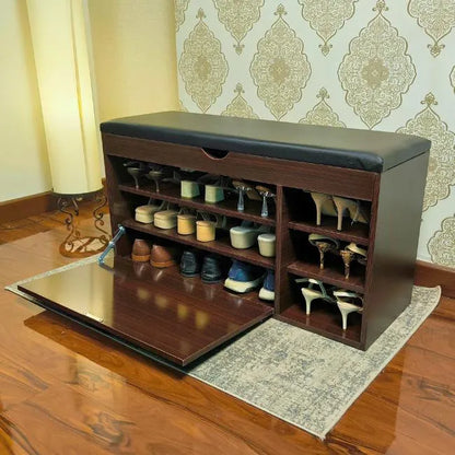 Shoe organizer with bench with shoe shelves and top compartment.