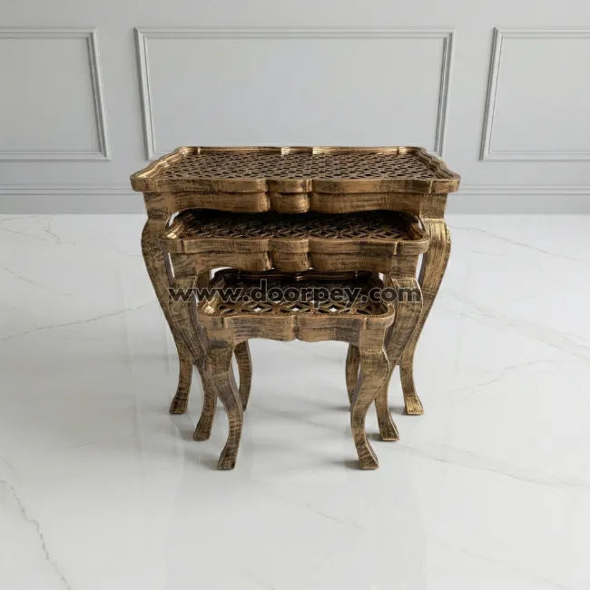 Antique lattice wooden nesting table used as decorative corner table