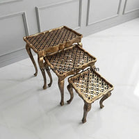 Antique lattice wooden nesting table set with carved design
