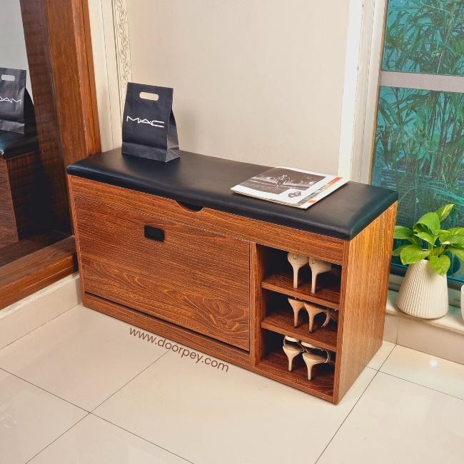 Multifunctional bench shoe rack with flip drawer design for compact storage.
