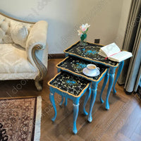 Set of three Bleu Royal hand-painted wooden nesting tables