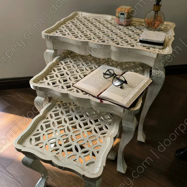 Ivory Lattice Wooden Nesting Table